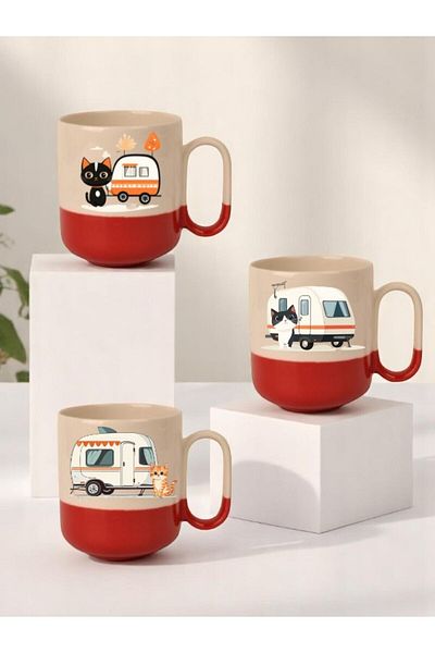 lili hediyelik Caravan and Cat Printed Set of 3 Red Bottom Ceramic Mug