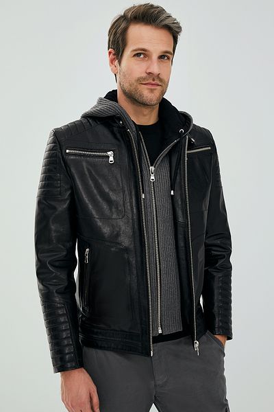Derimod Danger Men's Black Sports Leather Hooded Jacket - 23sgd6475ve