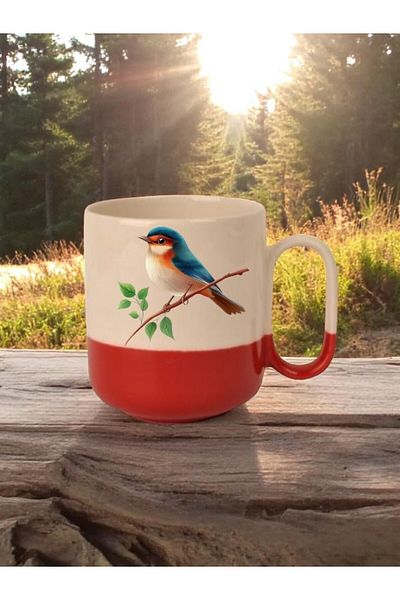 lili hediyelik Bird Printed 3-Piece Red Base Ceramic Mug