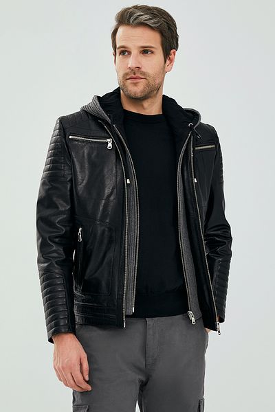 Derimod Danger Men's Black Sports Leather Hooded Jacket - 23sgd6475ve