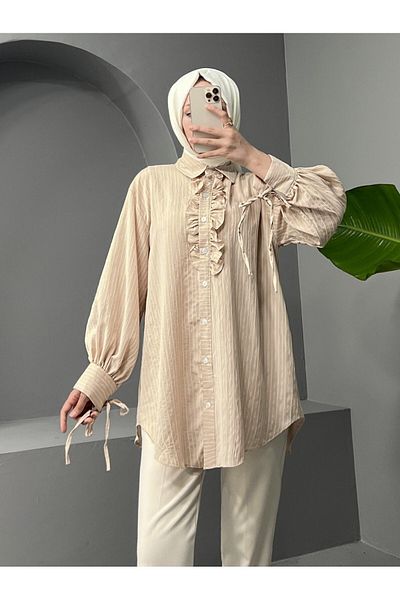 Modamorfo Lace-Up Front Ruffled Striped Shirt Tunic - Beige