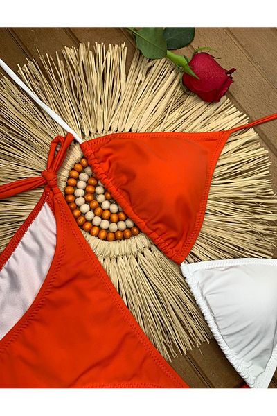 XORVİO Women's Lycra Flexible Side and Neck Tie Stylish Drawstring Triangle White Orange Bikini Set