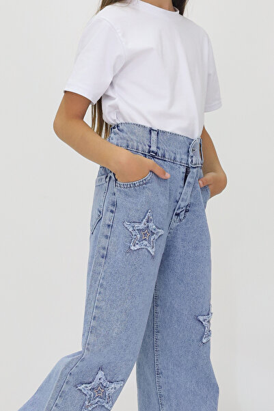 CMC Jeans Kız Çocuk Kot Likrasız Yıldız Desenli Bel Lastikli % 100 Pamuk Geniş Paça Yıldızlı Denim