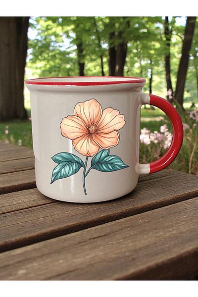 lili hediyelik Flower Printed 3-Piece Red Ceramic Mug Cup Gift Coffee Cup