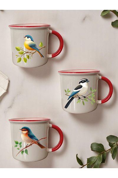 lili hediyelik Bird Printed 3-Piece Red Ceramic Mug Cup Gift Coffee Cup