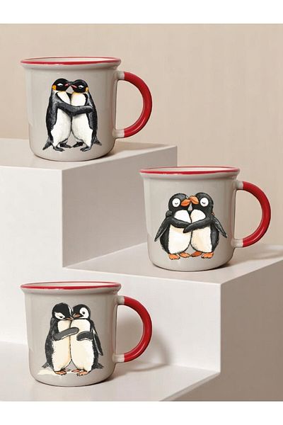 lili hediyelik Penguin Printed 3-Piece Red Ceramic Mug Cup Gift Coffee Cup