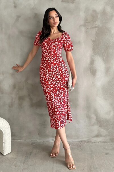 KaSheHa Yazlık Çiçek Desenli Kalp Yaka Yırtmaçlı Elbise 121 Cm