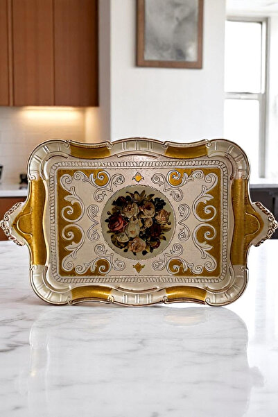 Sevinse Home Italian Rosewood Luxury Handmade Tray for 6 People Cream-Gold