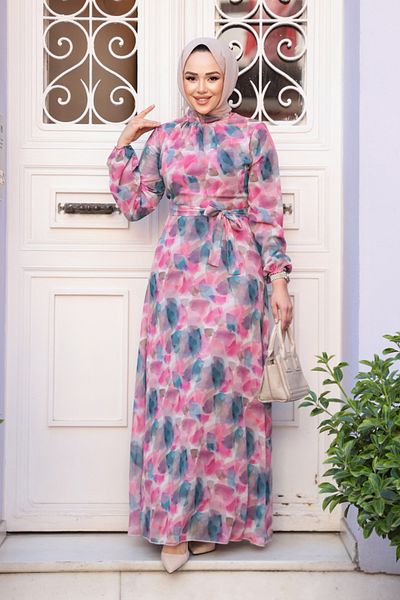 Neva Style Floral Patterned Fuchsia Hijab Dress 27994F