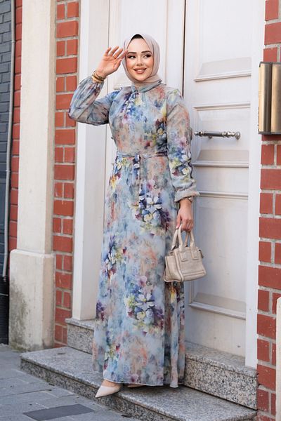 Neva Style Floral Patterned Blue Hijab Dress 27995m