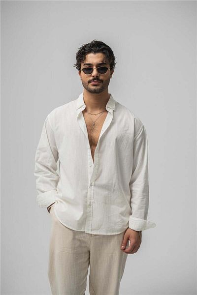 OUTFİT MAN Collar Buttoned Linen Shirt White