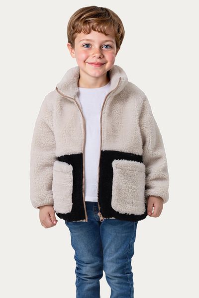 Riverstorm Boy's Plush Ecru Black Pocket Zippered Welsoft Winter Coat