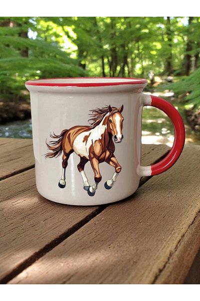 lili hediyelik Horse Printed 3-Piece Red Ceramic Mug Cup Gift Coffee Cup