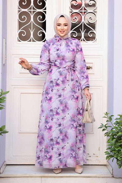 Neva Style Rochie violet cu model de flori 27991