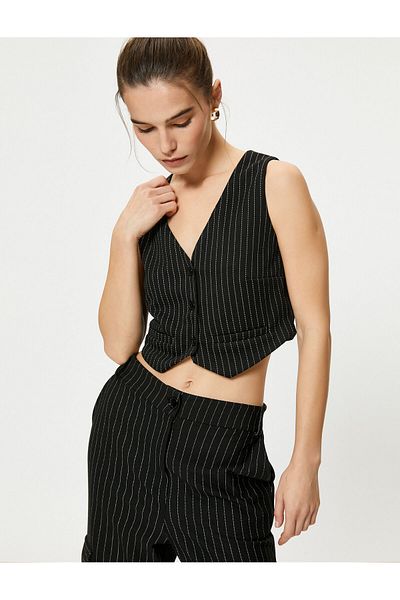 Koton Crop Vest V-Neck Buttoned Pocket