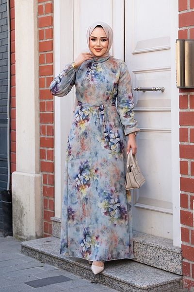 Neva Style Floral Patterned Blue Hijab Dress 27995m