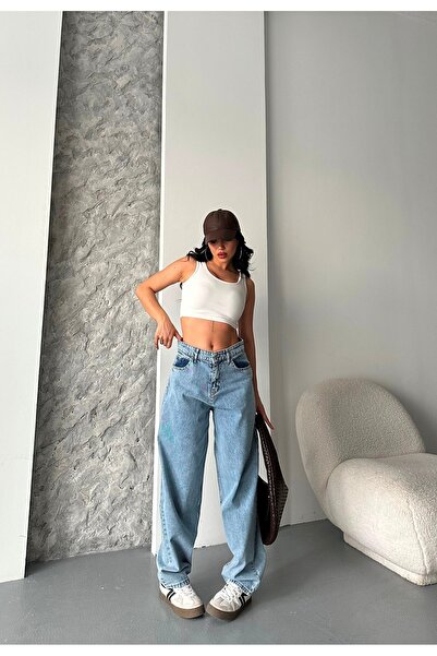 DESTEMODA Blugi pentru femei Blugi largi Pantaloni din denim Snow Wash Blue 4000