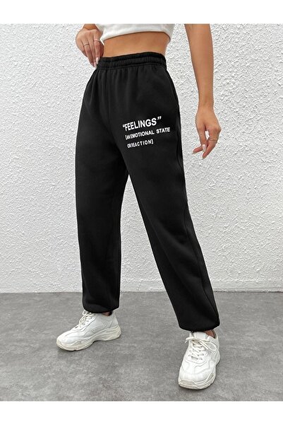 DUBU BUTİK Ψηλόμεσο μαύρο εμπριμέ Feelings Jogger Sweatpants