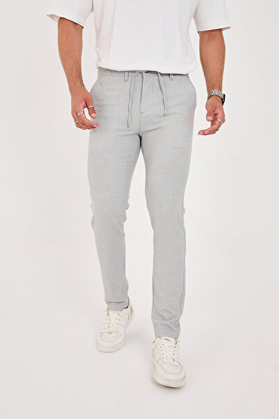 BROCARD Men's Seersucker Lycra Jogger Slimfit Waist Half Elastic Light Gray Fabric Trousers