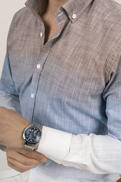 Etikmen Lněná hnědomodrá přechodová slimfit košile s panely