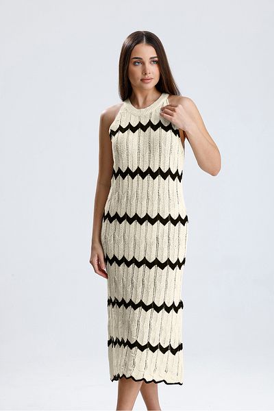glztriko Women's Zigzag Textured Halter Neck Summer Knitwear Midi Dress Glz036