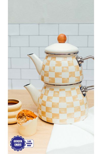 EMAYlab Enameled Teapot with Checkerboard Pattern in Beige (Suitable for All Stove)