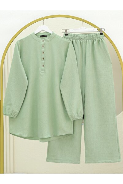 Modamorfo Half Buttoned Elastic Collar Linen Suit - Water Green