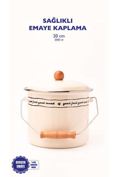 EMAYlab Mood Wooden Detailed Enameled Yogurt/Bakliyat Bakrak (20CM-3 LITER-COMPATIBLE WITH ALL STOVE)