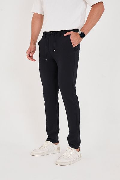 BROCARD Men's Seersucker Fabric Lycra Jogger Slimfit Waist Half Elastic Navy Blue Fabric Trousers
