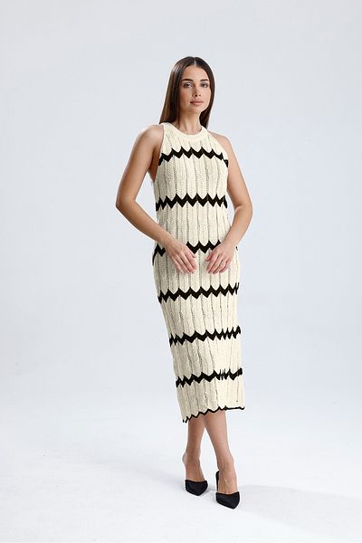 glztriko Women's Zigzag Textured Halter Neck Summer Knitwear Midi Dress Glz036