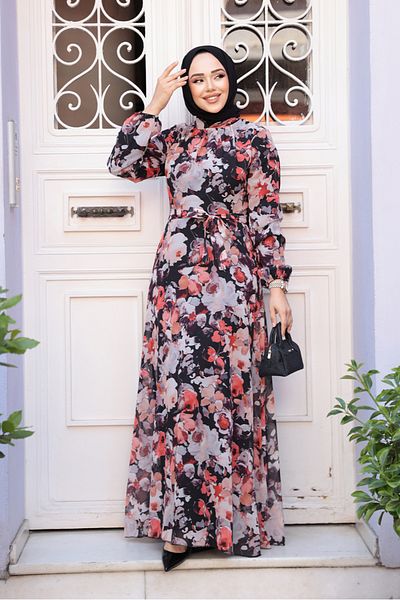 Neva Style Floral Patterned Black Hijab Dress 27970S