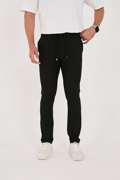 BROCARD Ανδρικό ύφασμα Seersucker Lycra Jogger Slimfit μέσης μισό ελαστικό μαύρο υφασμάτινο παντελόνι