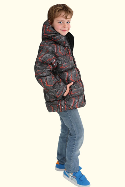 Riverstorm Black Geometric Pattern Fleece Jacket for Boys - Water and Windproof, Hooded and Pocketed