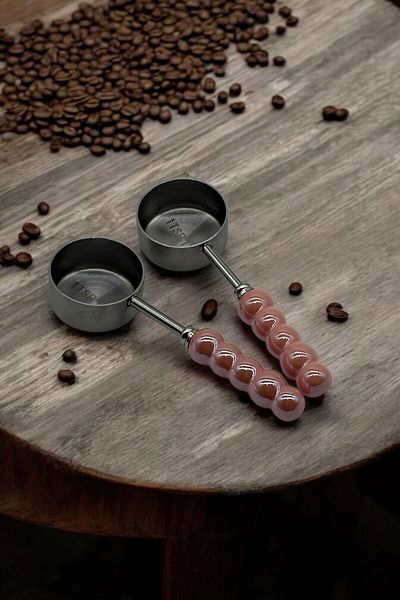 morponi Set of 2 Porcelain Pearlescent Pink Handle Measuring Spoons Silver 5ml