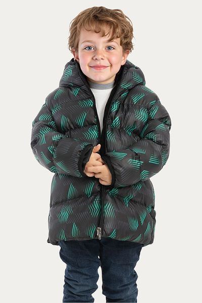Riverstorm Boys' Winter Jacket - Black Green Digital Pattern, Fleece Water and Windproof, Hooded Inflatable