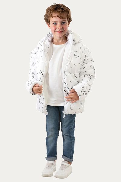 Riverstorm Boys' Winter Puffer Jacket - White, Detachable Hood, Water and Windproof, with Pockets