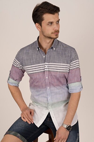 Etikmen Ανδρικό πουκάμισο με πάνελ Grey Cherry Slimfit Linen Gift Boxed