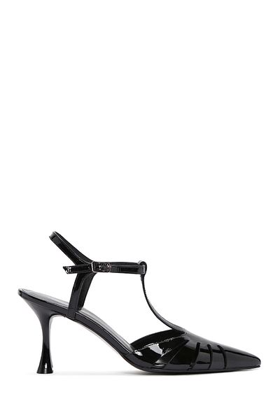 Derimod Black Patent Leather Women's Shoes - Ankle Strap, Open Back, Thin Heeled 24sfd 161216