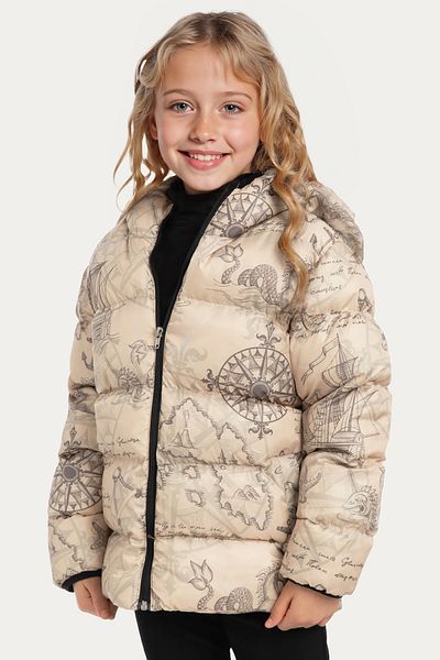 Riverstorm Girl's Beige Compass Pattern Fleece Water and Windproof Hooded Puffer Winter Jacket with Pockets