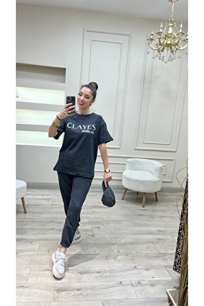 DUBU BUTİK Clayes Studio Co Printed Anthracite T-Shirt Sweatpants T-Shirt Set - Oversize Unisex