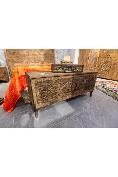 GÜRSES HOME Yatak Odası Sandıklı Bench Masif Ahşap Eskitme El Oyması 120 Cm Y...