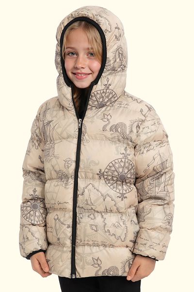 Riverstorm Girl's Beige Compass Pattern Fleece Water and Windproof Hooded Puffer Winter Jacket with Pockets