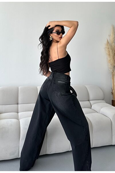 DESTEMODA Γυναικείο τζιν φαρδύ παντελόνι χιονιού με χημικό πλύσιμο μαύρο 4001