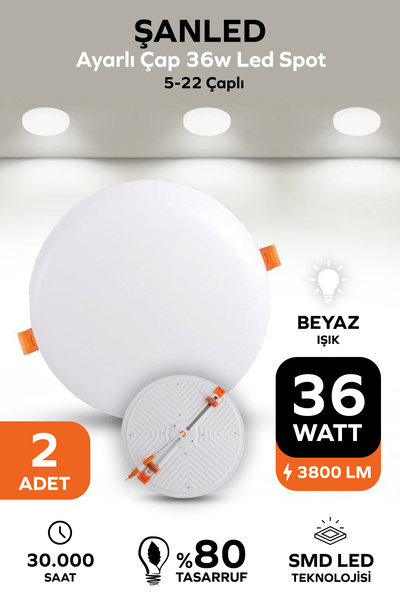 ŞANLED Ayarlı Çap 36w Beyaz Işık Led Spot (5-22 Çaplı )-2 Adet