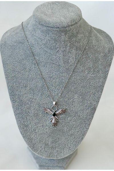 sulyra Unisex Emerald Stone Phoenix Silver Steel Necklace