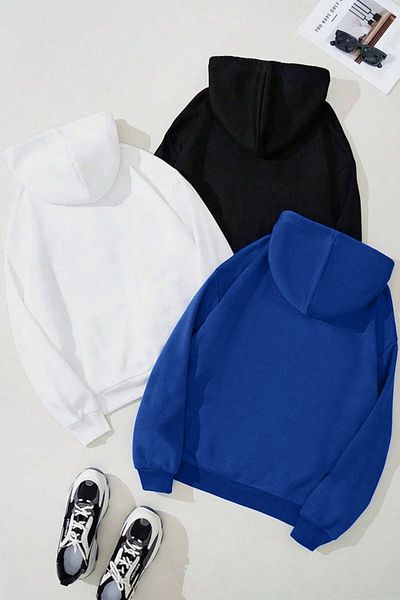 DUBU BUTİK 3-Piece Plain Basic Thick Winter Sweatshirt - Black White Sax Blue Oversize Hooded