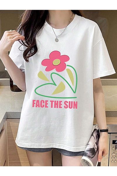 DUBU BUTİK تي شيرت Face The Sun - تي شيرت أبيض مطبوع كبير الحجم برقبة دائرية وأكمام قصيرة