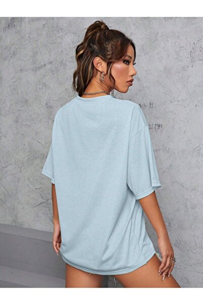 DUBU BUTİK Tricou Newyork 1968 Young Single Jersey - Tricou supradimensionat cu mânecă scurtă, cu decolteu, cu imprimeu albastru bebeluș