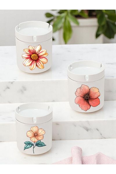 lili hediyelik Flower Printed 3-Piece Ceramic Ashtray Ash Tray - Birthday Gift for Men and Women
