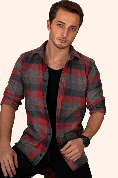 Etikmen Piros szürke sakktáblás mintás favágó karcsú ing díszdobozzal